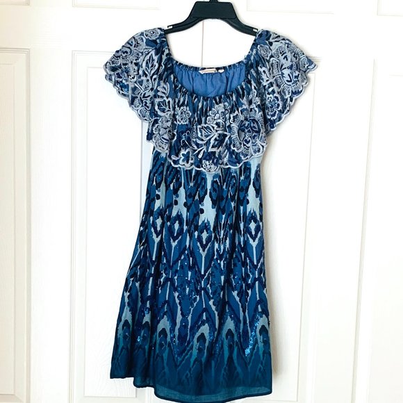 SOFT SURROUNDINGS On Off Shoulder Embroidered Lined Dress Seed Pearls Sequins - Picture 3 of 8